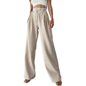 NWT Commense Womens High-Waisted Wide Leg Dress Pants W/Tie Beige Large